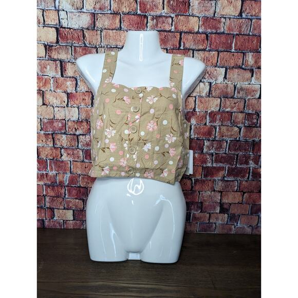 BP. Women's Button Front Linen Blend Tank Floral Crop Top - Picture 2 of 5